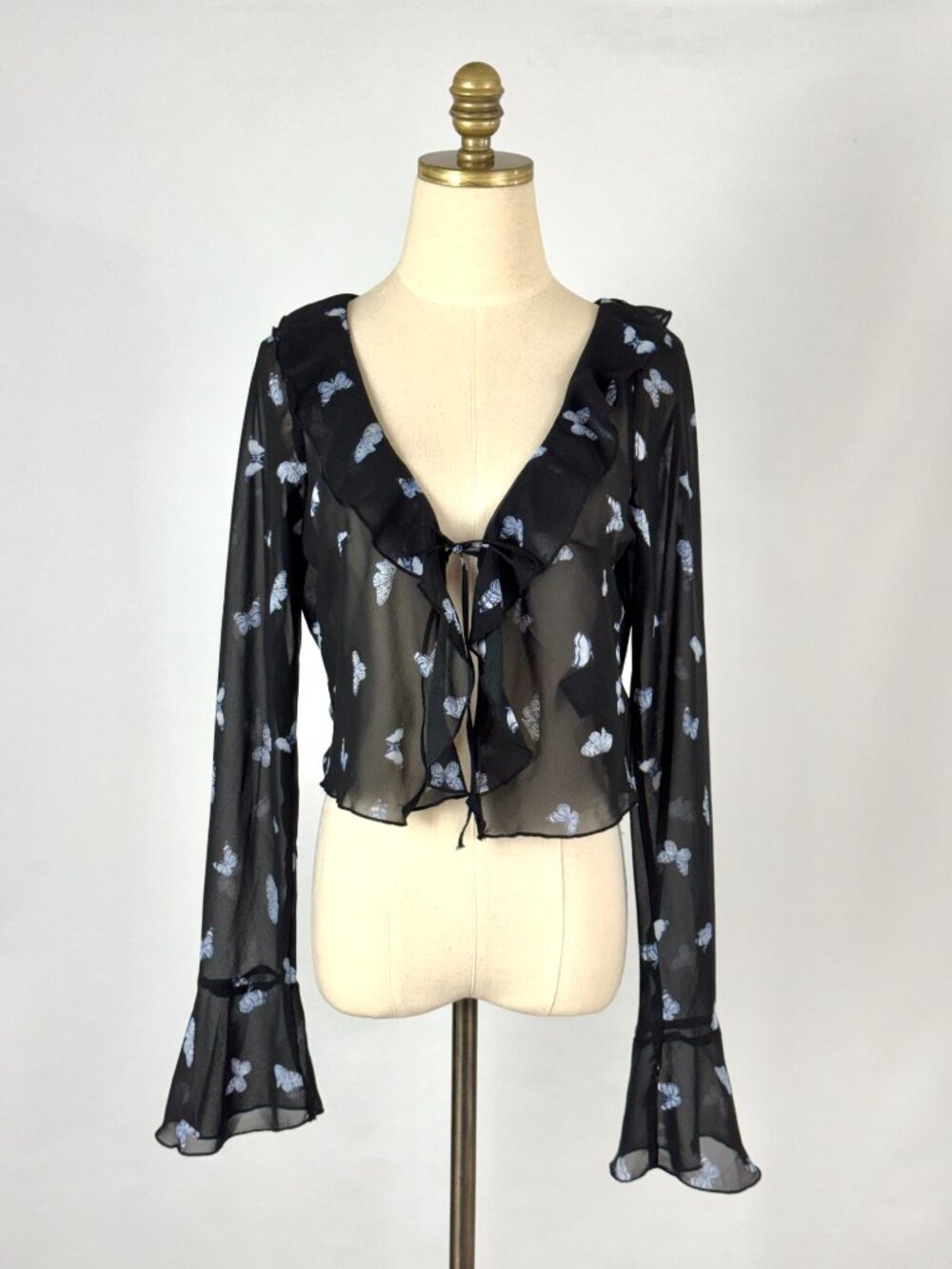 Y2K Butterfly Sheer Crop Cardigan Top Bell Sleeves Ruffle Dark Fairy Whimsical - Picture 2 of 9